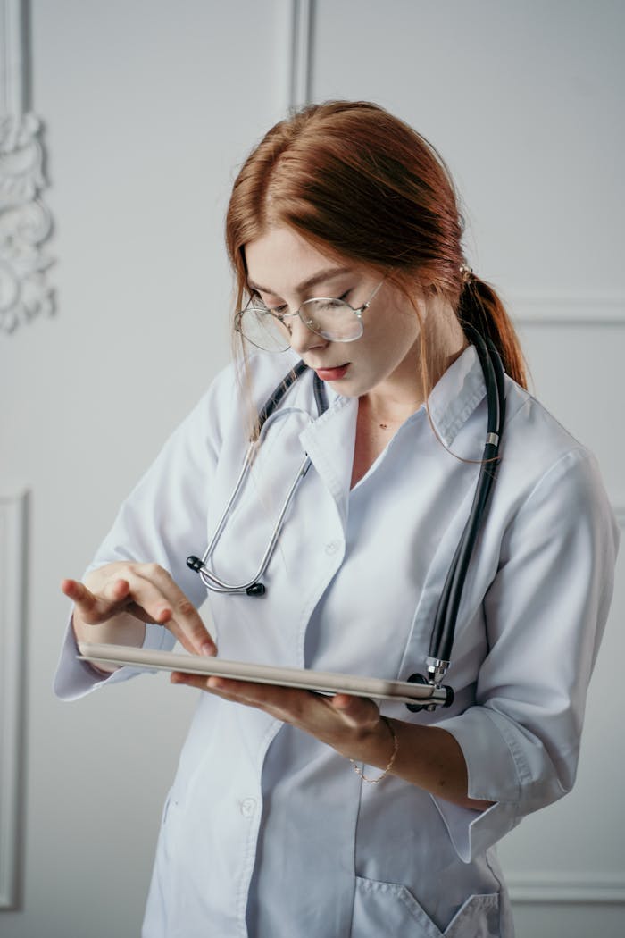 Female doctor using a tablet for medical diagnosis in a modern office setting.